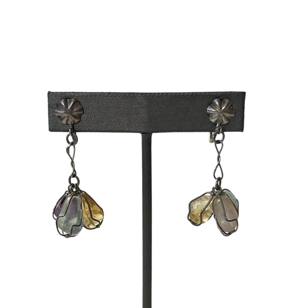 VTG Unmarked Sterling Silver 925‎ Natural Gemstone Screw Back Dangle Earrings